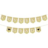 Glitter Congrats Grad Banner, Prestrung Gold Graduation Banner Sign for Congratulations Party Decorations 2025