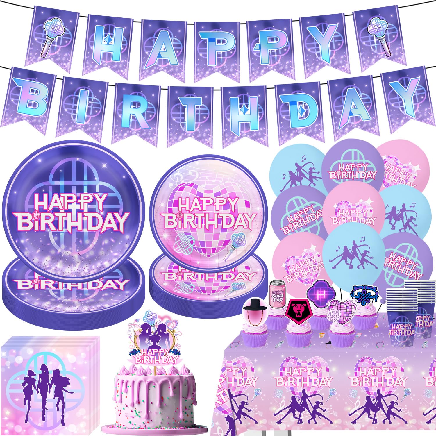 Photo 1 of 104Pcs Singer Birthday Party Decorations, Purple and Pink Party Decorations Set Include Banner, Plates, Napkins, Forks, Tablecloth, Balloons, Toppers, Cupcake Toppers for Fans Birthday Party Decor