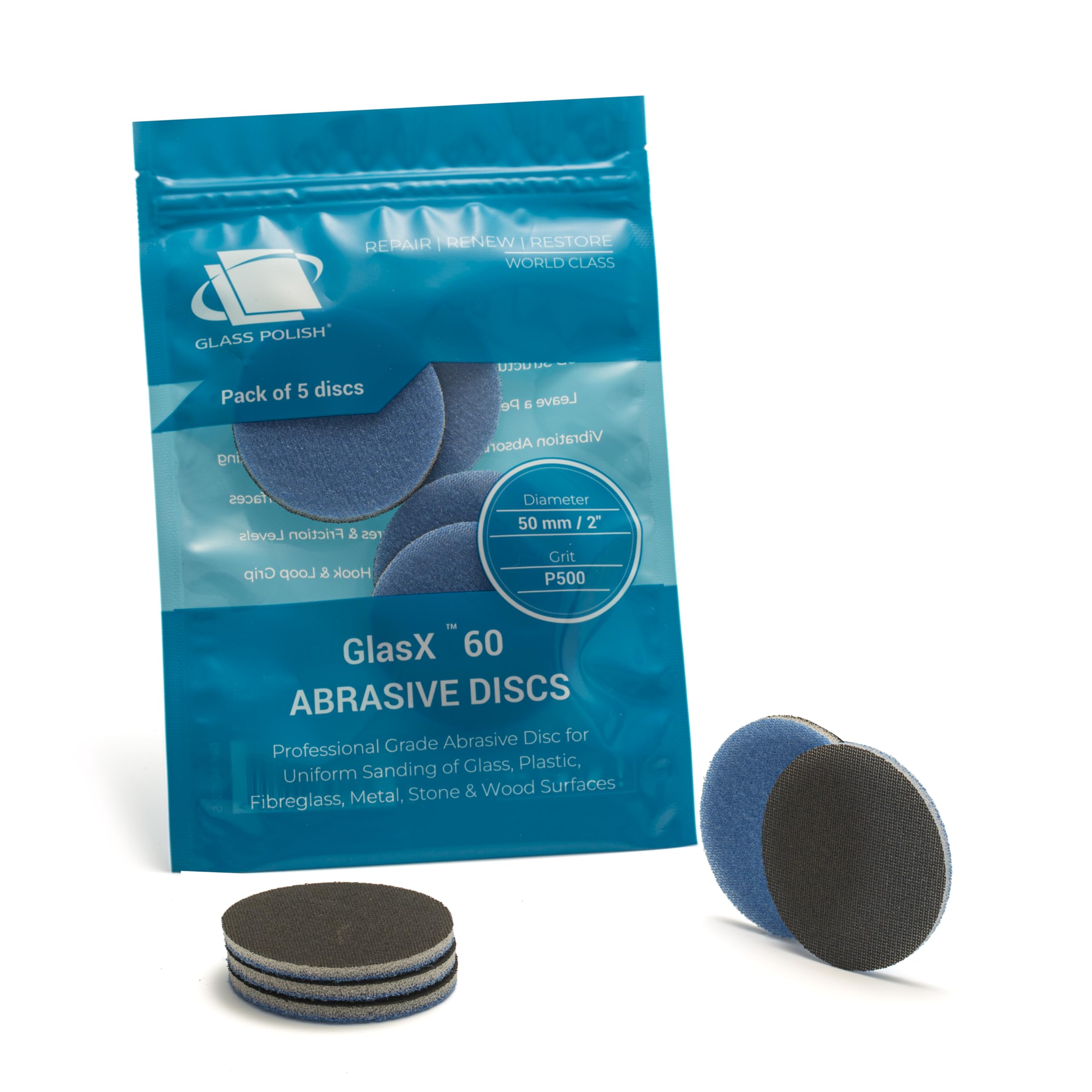 Glass Polish 2 inch (50mm) 500 Grit Pack of 5 Sanding Discs for Rotary Polisher - Foam Backed Silicon Carbide Abrasive P500 - GP14202