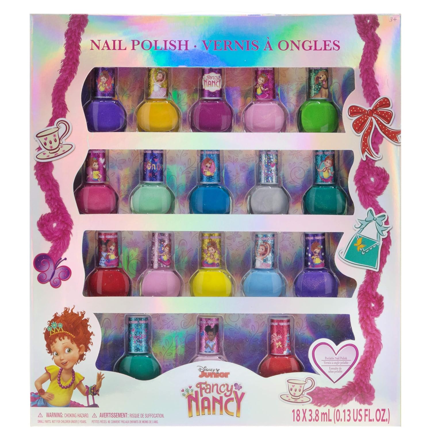 Fancy Nancy Kids Washable Super Sparkly Peel-Off Nail Polish Deluxe Set for Girls, 18Piece, Colors Include: Pink, Yellow, Red, Blue, Green & Purple