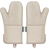Beneno Kitchen Oven Mitts 2-Pack Heat Resistant to 500°F with Non-Slip Silicone Grip, Extra Long 14.3" Forearm Protection, Soft Quilted Cotton Terry Lining, Ideal for Cooking, Baking, Grilling, Beige