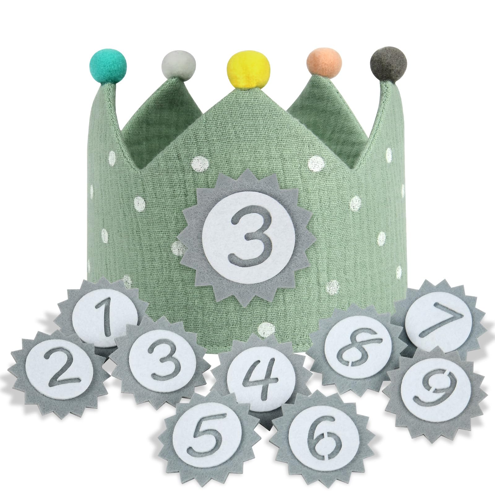 URAQT Birthday Crown for Kids, Reusable Birthday Party Hat Crown with Interchangeable Number from 1 to 9, Happy Hat, Baby Photo Props, Party Tiara Headbands Gifts for Boys Girls, Dot-light Green