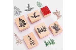 Whaline 10 Pcs Christmas Tree Wooden Rubber Stamps with Craft Ink Pads Vintage Xmas Pine Tree DIY Craft Stamps for Winter Holiday Party Decor Scrapbooking Cards Making