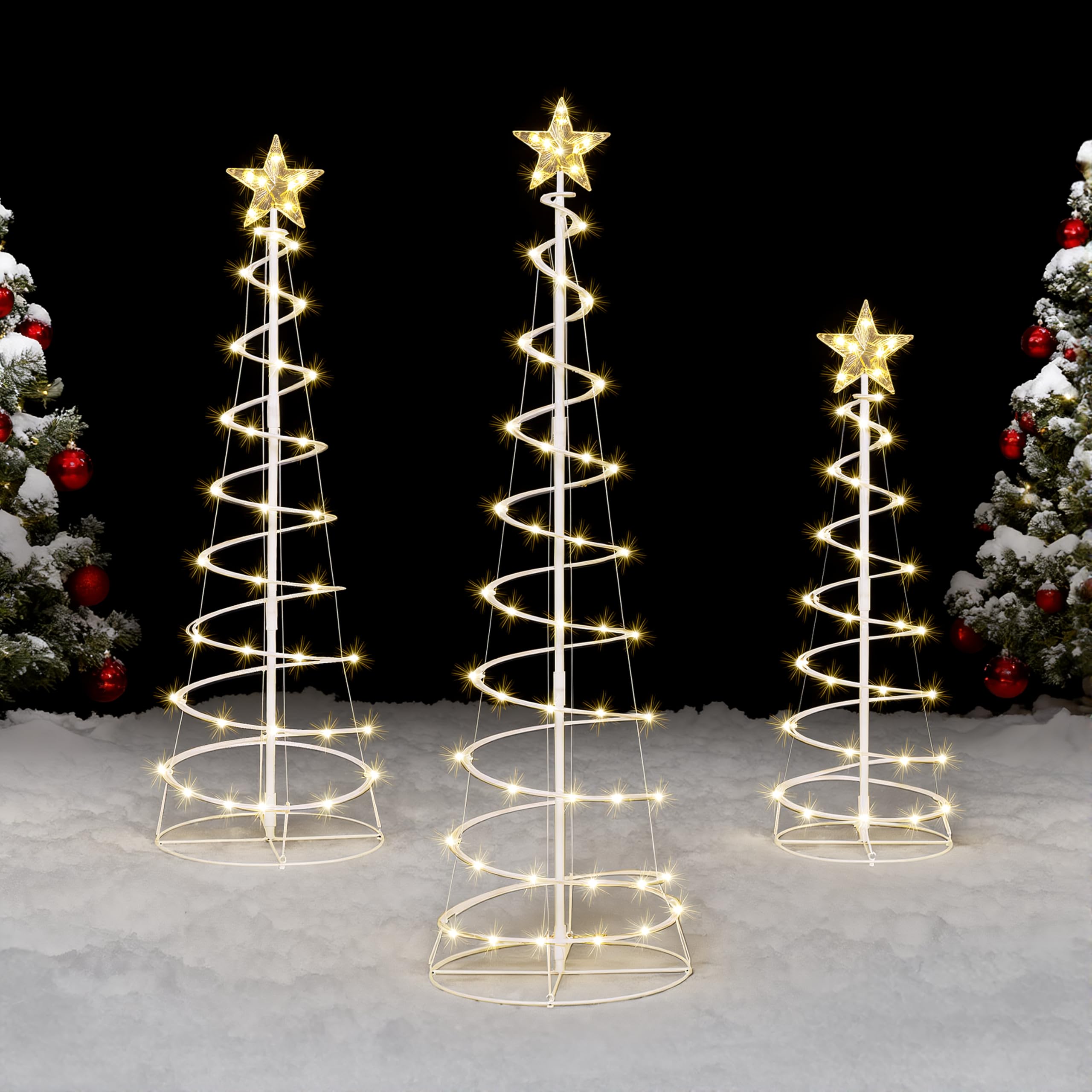 Photo 1 of JOIEDOMI 3 Pack Spiral Christmas Tree Lights, 218 LED Outdoor Lighted Tree with Star Topper & Stakes, Christmas Decorations for Yard Porch Patio Garden Holiday Xmas Eve Night Décor, Warm White