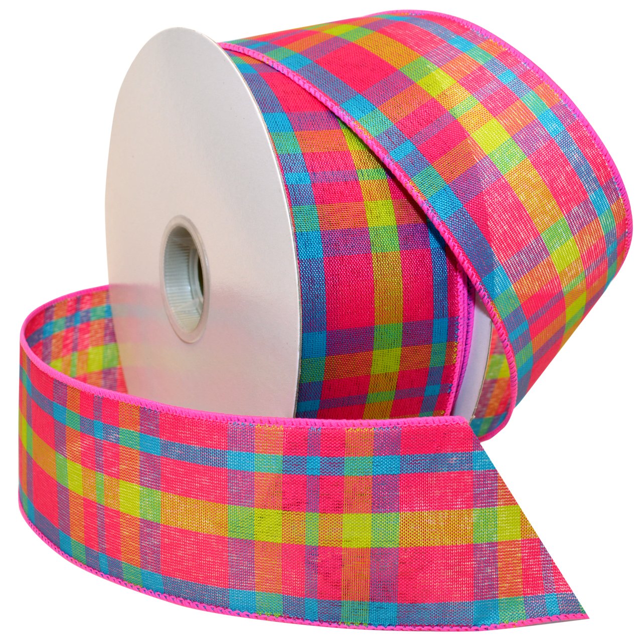Morex Ribbon 7380 Color Chic Plaid Ribbon, 2.5" x 50 Yd, Shocking Pink/Turquoise