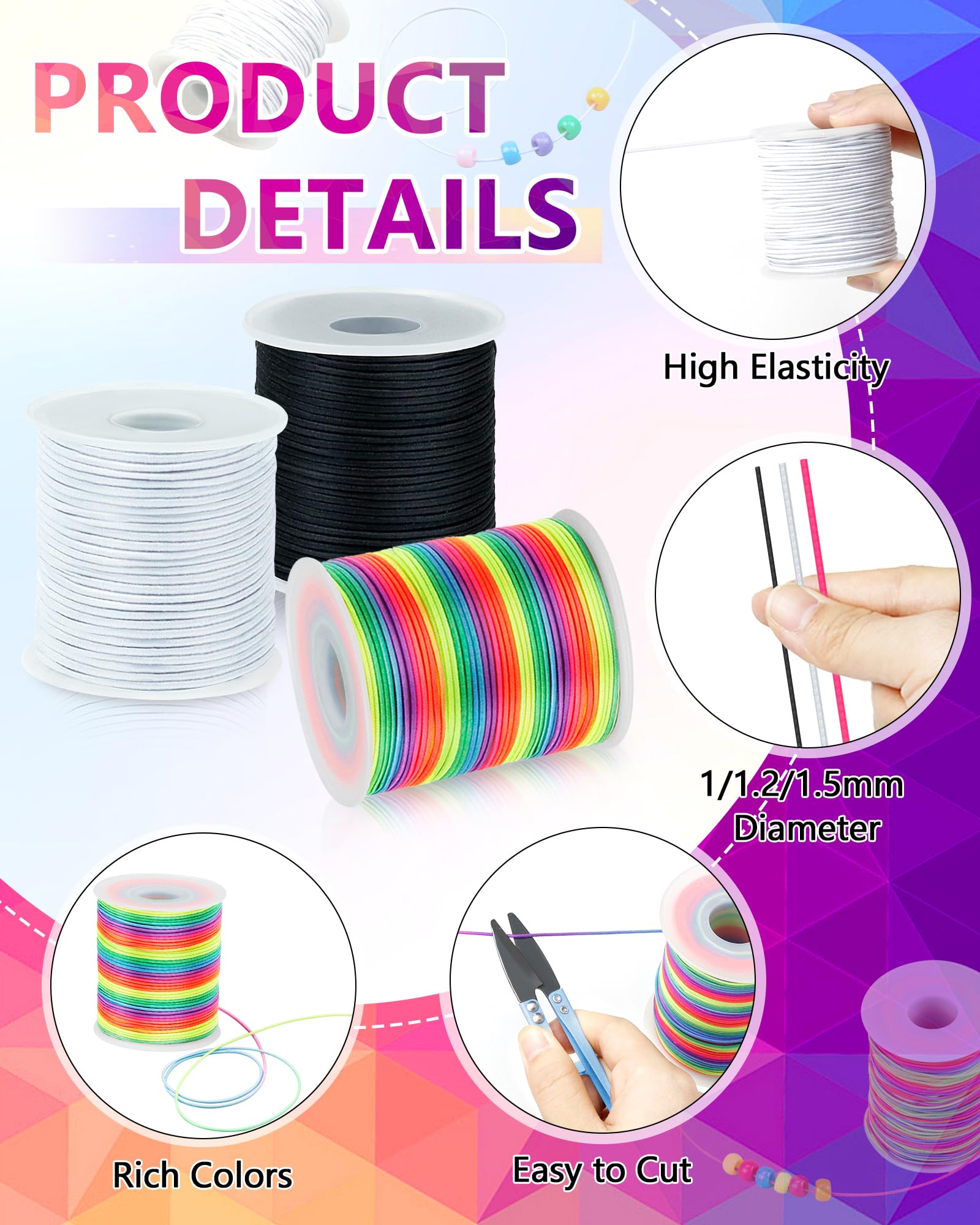 FIVEIZERO 2 Rolls Elastic Bracelet String Total 330 Feet,1.0mm,1.2mm,1.5mm Elastic Cord for Beading Stretchy String with Beading Needle for Bracelets, Sewing, Necklace, Jewelry Making and Crafts