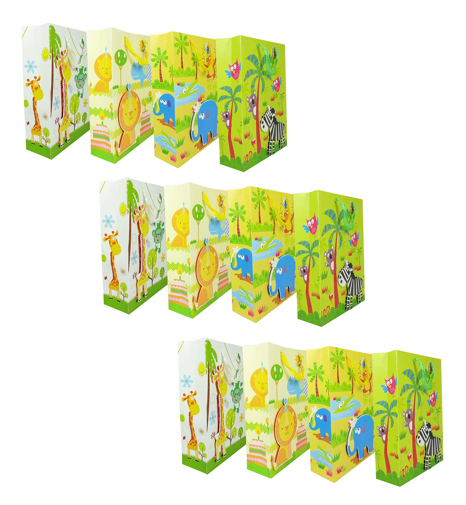 Emartbuy Set of 12 Luxury Gift Bag Strong Laminated Paper Mixed Colours 3D Effect 26 x 32 x 10 cm - MultiColoured Animals