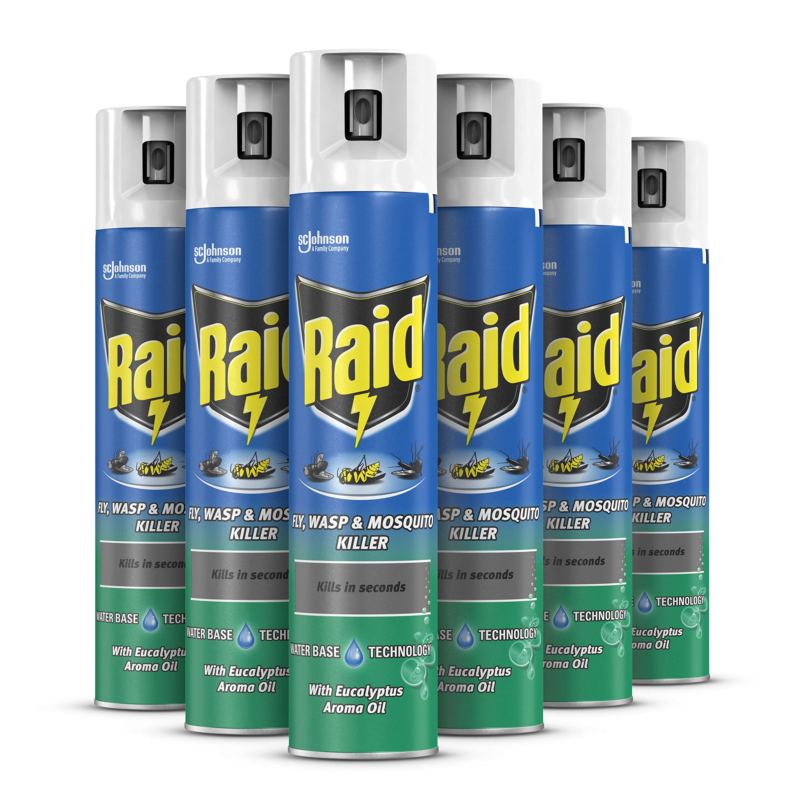 Raid Fly, Wasp & Mosquito Killer with Eucalyptus Aroma Oil, Fly Killer Spray For Indoor Use, Pack of 6 (6 x 300ml)