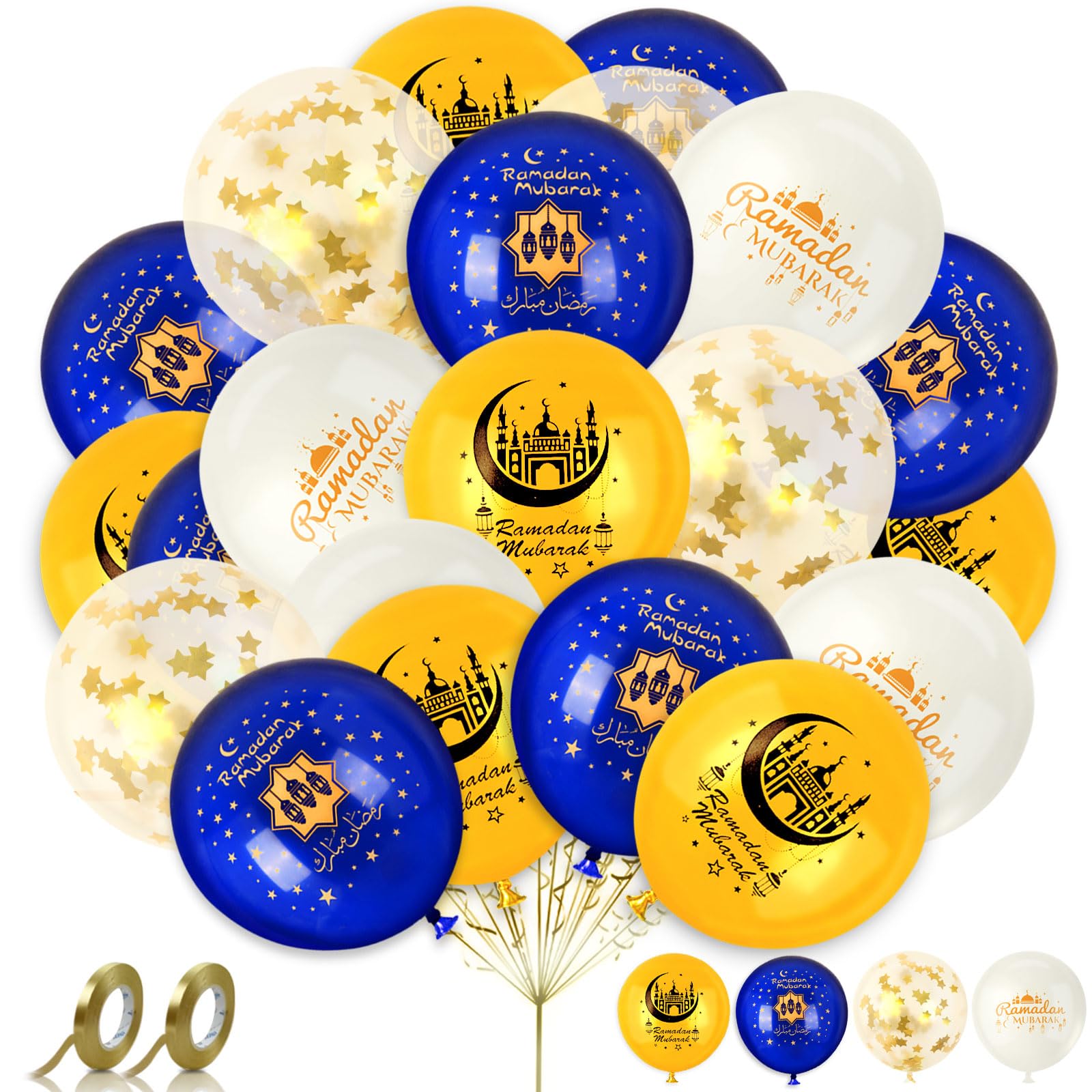 AhfuLife 32 Pcs Ramadan Mubarak Balloons Decorations, 12 Inches Large Eid Mubarak Balloon for Home, Blue, White and Gold Latex Balloons for Ramadan Party Supplies