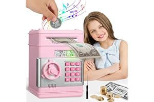 OUSCENE Piggy Bank Boalord for Boys Girls, Electronic ATM Password Piggy Bank Cash Coin Can Auto Scroll Paper Money Saving Box (Light Pink)