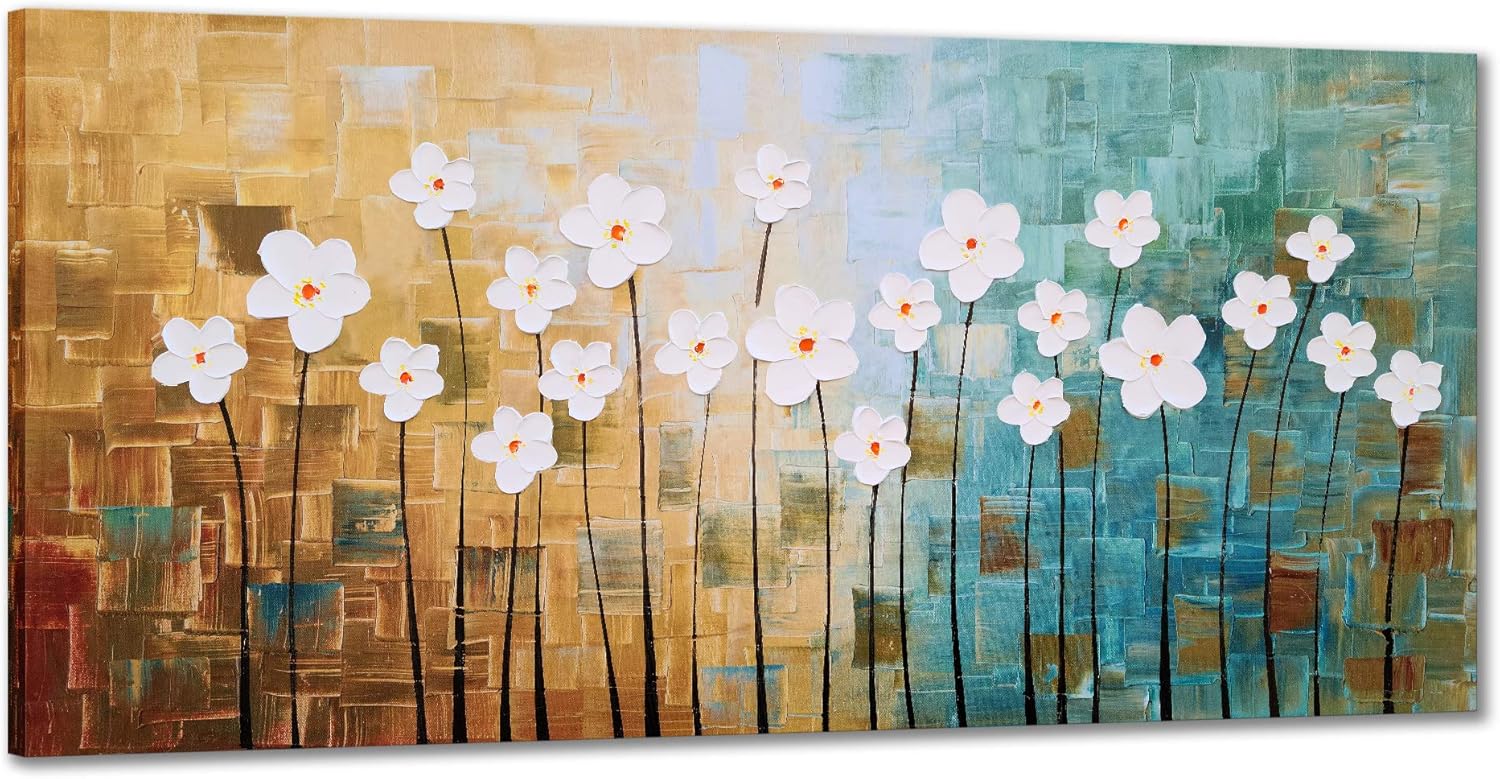 Paintings - Yihui Arts Floral Canvas Wall Art Hand Painted 3D Light Green Yellow and White Botanical Oil Paintings Modern Abstract Flower Garden Artwork for Living Room Bedroom Office Decoration