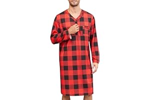 SWOMOG Men's Nightshirt Long Sleeve Nightgown Soft Loose Sleepwear Lightweight Nightwear Comfy Henley Sleep Shirt M-3XL