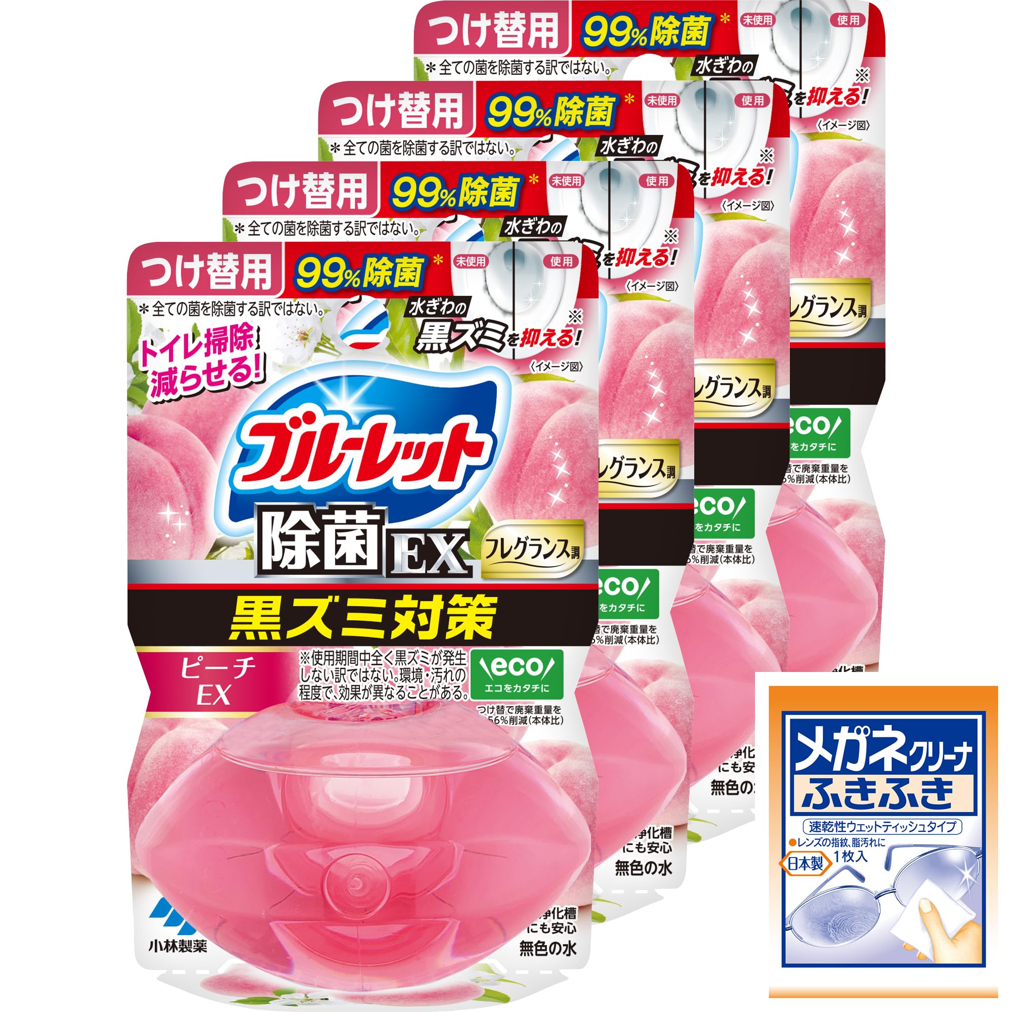 【Amazon.co.jp限定】 【まとめ買い】液体ブルーレットおくだけ除菌EXフレグランスつけ替用 ピーチEXの香り×4個(おまけ付き)トイレ洗剤 トイレ洗浄剤 黒ずみ トイレ掃除 芳香剤 の商品画像