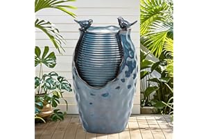Autodaya 24.8" H Ceramic Jar Outdoor Water Fountain with LED Lights & Bird Accents, Elegant Turquoise Glaze with Bubble-Like Texture, Decorative Garden Water Feature