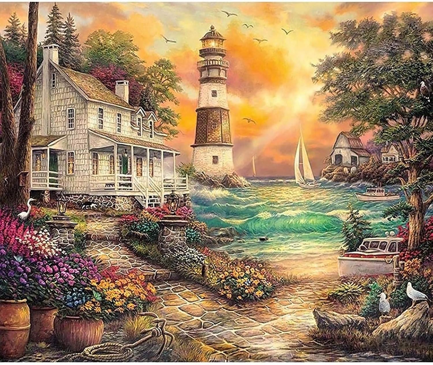 5D Diamond Painting Kits for Adults Sunset Lighthouse by Number Kits