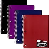 Emraw5 Subject Notebook Spiral with 180 Sheets of Wide Ruled White Paper - Set Includes: Red, Black, Purple, & Blue Covers (Random 2-Pack)