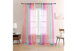 XiDi Ombre Sheer Curtain Panel Set,Pink Green and Purple Semi Transparent Voile Drapes Short Sheer Curtains for Girls Bedroom Decor,2 Packs 52inch Wide 63 Inch Length
