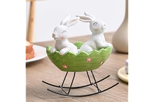 AOMOONOA Easter Bunnies Decor, Cute Easter Figurine, Small Bunny Figurines for Table Centerpiece Decorations, Rabbit Decoration for Home Spring Decor, Smiling Bunnies Rocking in Egg Cradle