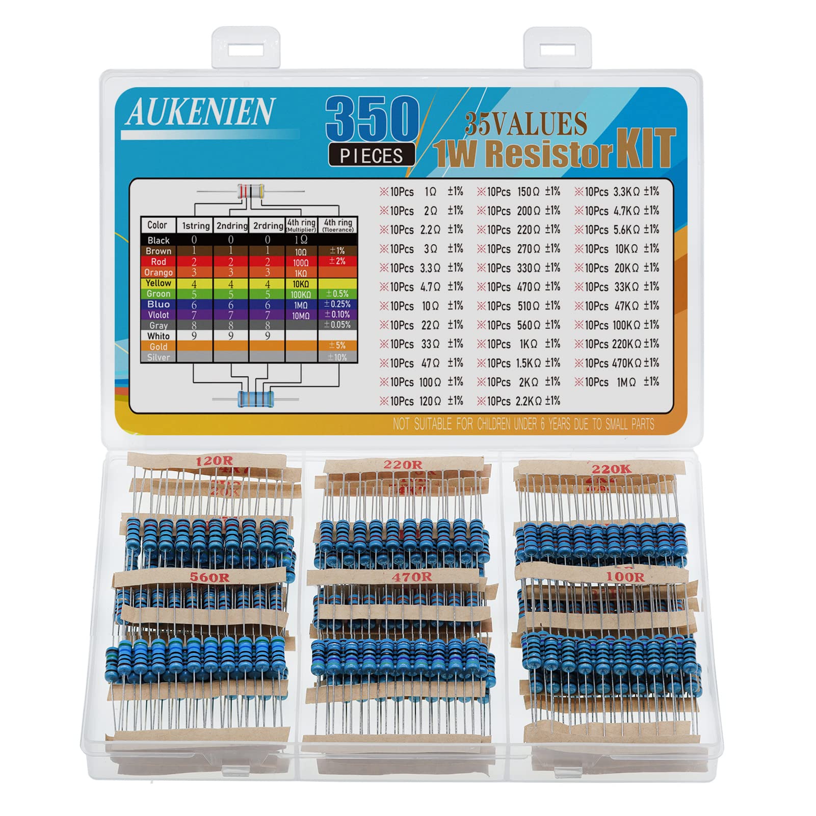 AUKENIEN 1W Resistor 1% Metal Film Fixed Electrical Resistors Assortment Kit 1 2 2.2 3 3.3 4.7 10 100 120 150 1K 4.7K 10K 20K 33K 47K 100K 220K 470K 1M Ohm Including 35 Values 1 Watt Resistor Assorted