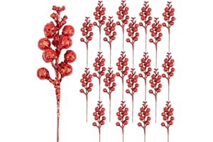 DIYASY Artificial Red Berry Stems,20 Pcs 7.8 Inch Glitter Christmas Tree Picks for Christmas Tree Ornaments,DIY Xmas Wreath, Holiday and Home Decoration