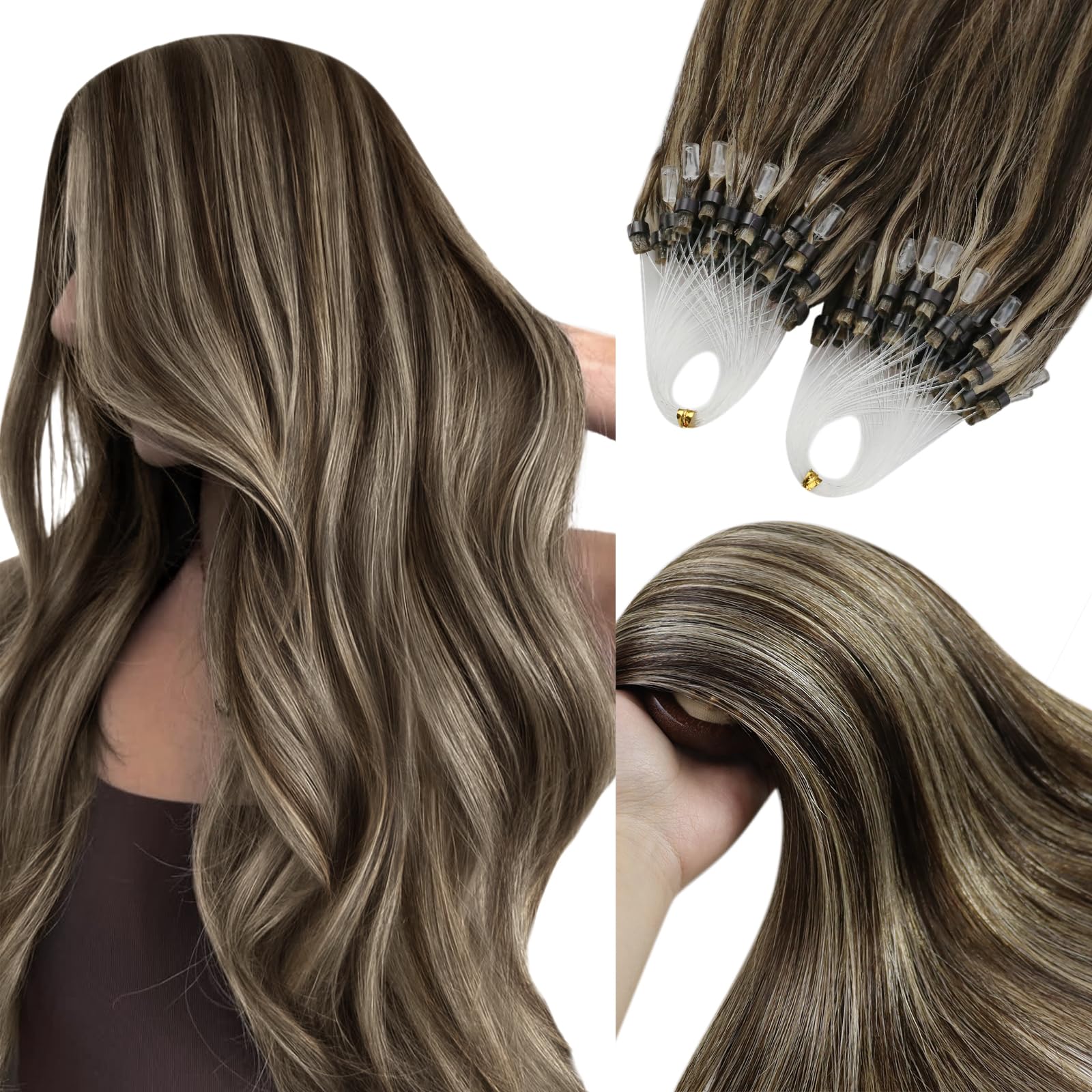 YoungSee Micro Beads Hair Extensions Brown 18inch Micro Loop Human Hair Extensions Dark Brown with Blonde Highlight Micro Ring Hair Extensions for Wedding Cold Fusion Pre Bonded 50s 50g