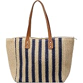 Hikiwin Handmade Woven Striped Tote Bag,Vintage Shoulder Bag,Summer Straw Beach Bag for Women,Blue,1 Piece