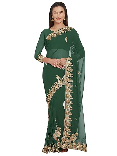 Womens Heavy Sequins Zari Embroidery Bridal Saree with Beads/Moti Work (9718)