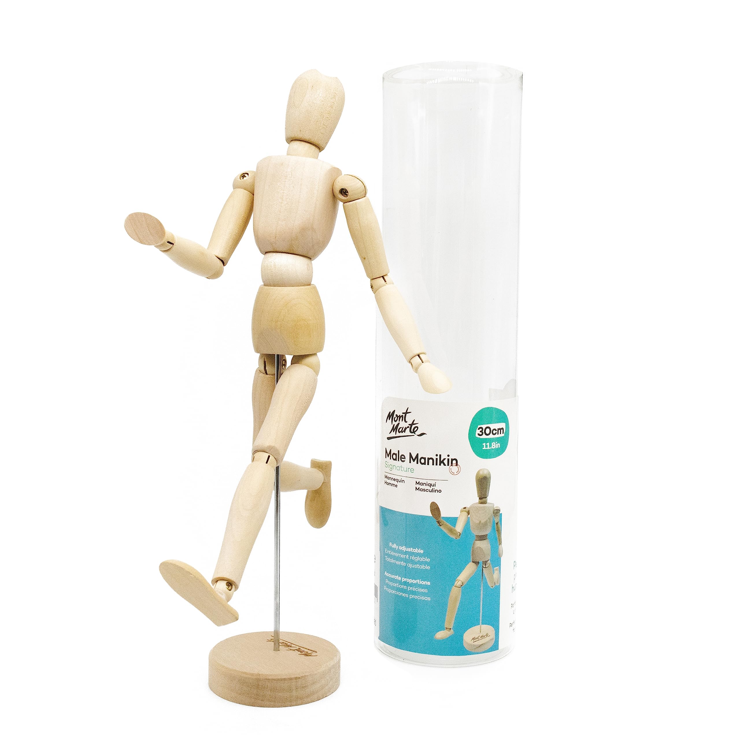 Mont Marte Manikin Male 30cm - Body Doll, Wooden Puppet - Flexible Mannequin as a Model for Drawing - Ideal Painting and Drawing Aid
