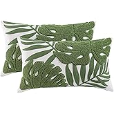 Tosleo Green Tropical Leaf Embroidered Throw Pillow Covers 12x20 Inch Set of 2 Monstera Palm Leaves Couch Lumbar Pillowcases Botanical Plant Tufted Cushion Case Spring Summer Home Decor
