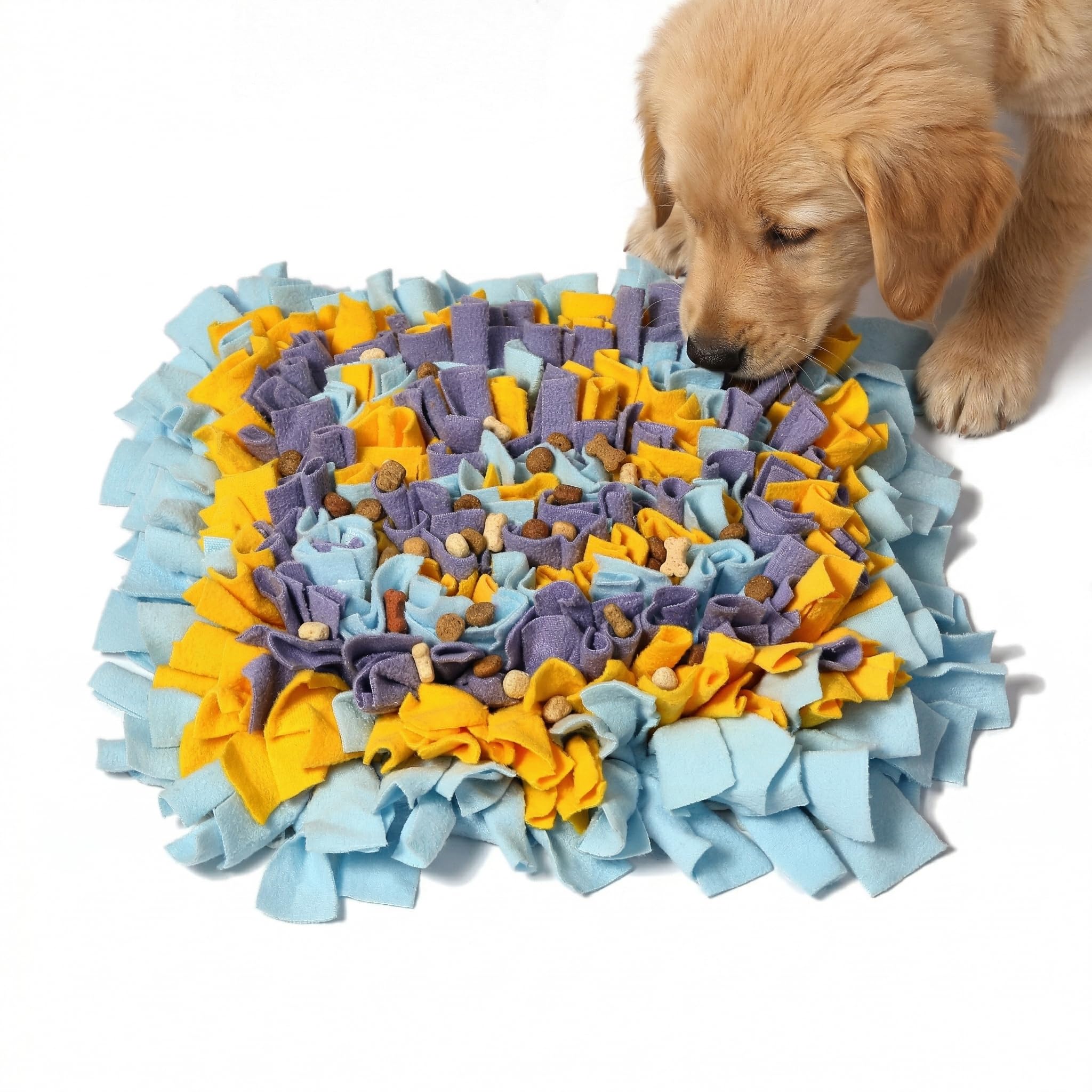 YEAKOO Dog Snuffle Mat, Hand Woven Dog Sniffing Pad Soft Pet Nose Work Smell Snuffle Mat Training Feeding Foraging Skill Blanket Dog Play Mats Puzzle Toys 45cmx45cm (Yellow/Purple/Blue)