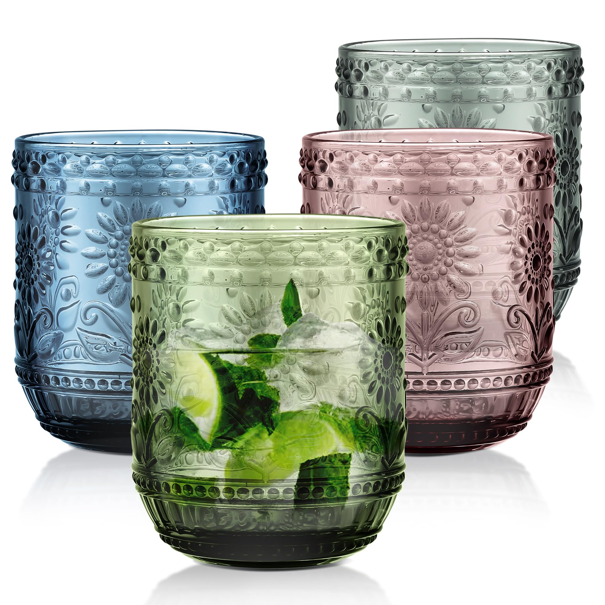 Joeyan 360ml Coloured Drinking Glasses Set of 4, Decorative Floral Embossed Water Glasses Vintage Highball Tumbler Glasses, Heavy Duty Glassware Beverages Tumblers for Whisky, Beer, Juice, Wine