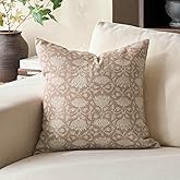 DOMVITUS Floral Pillow Covers 18x18 Decorative Throw Pillow Covers Floral Block Print Farmhouse Vintage Neutral Pillow Cover for Living Room Couch Bed Light Camel 1PC