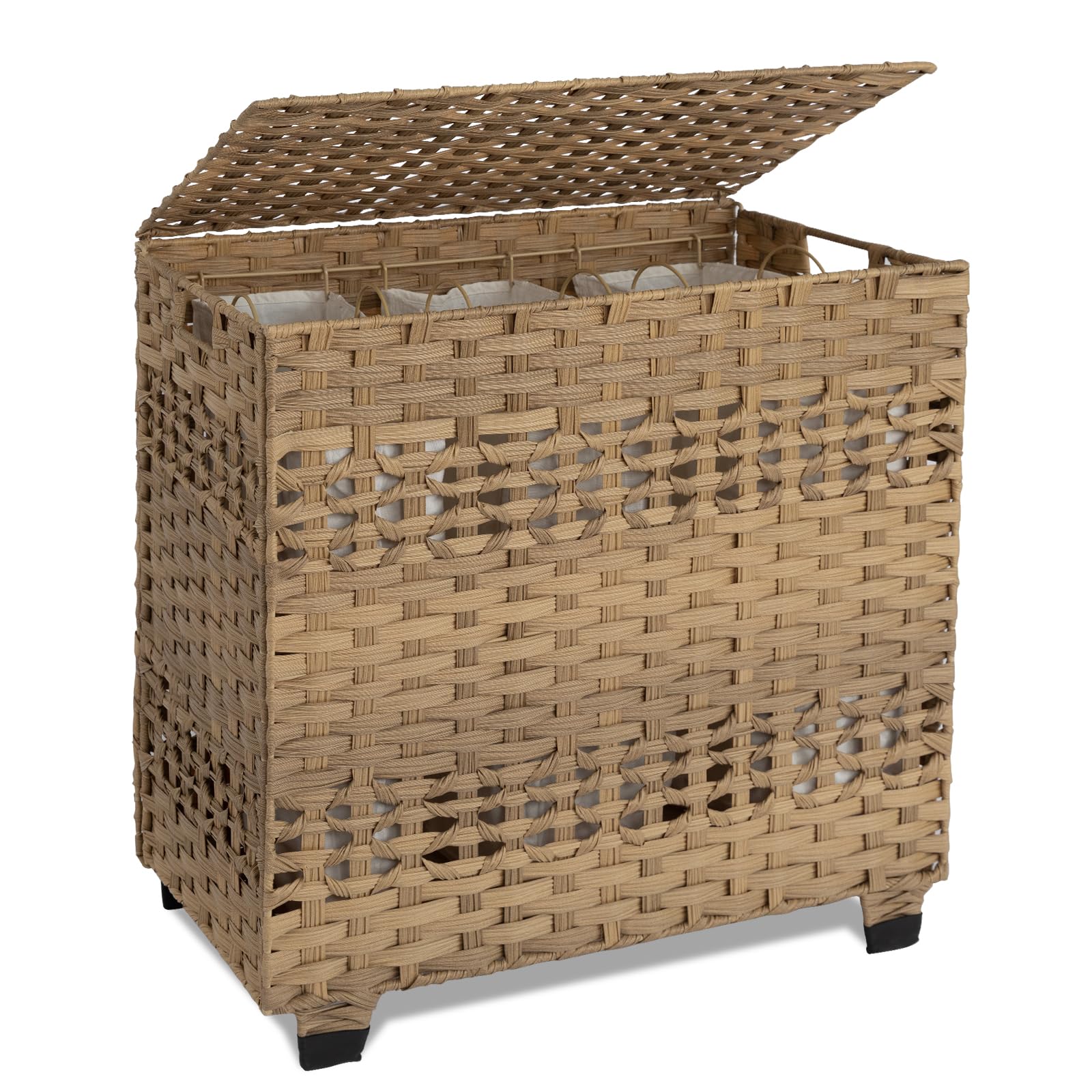 Photo 1 of OIAHOMY Laundry Hamper with Lid, 140L Clothes Hamper with 3 Removable Liner Bags, Foldable Basket with Lid, Synthetic Wicker Laundry Basket for Bedroom, 27x 13 x 26 Inches, Yellow