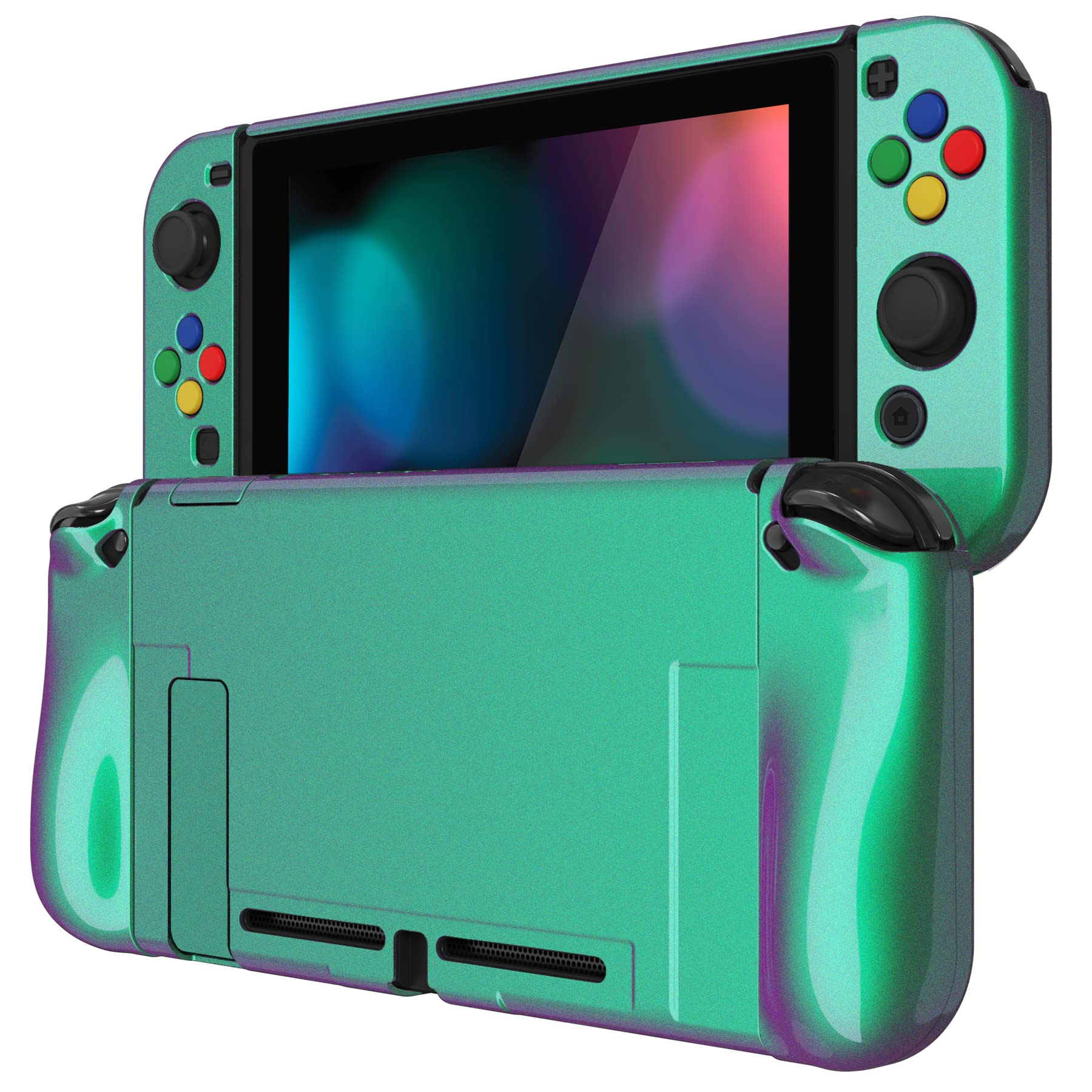 PlayVital AlterGrips Ergonomic Grips Cover for Nintendo Switch, [2 Design] Interchangeable Comfort Dockable Protective Case with Screen Protector & Thumb Grip Buttons Caps - Chameleon Green Purple