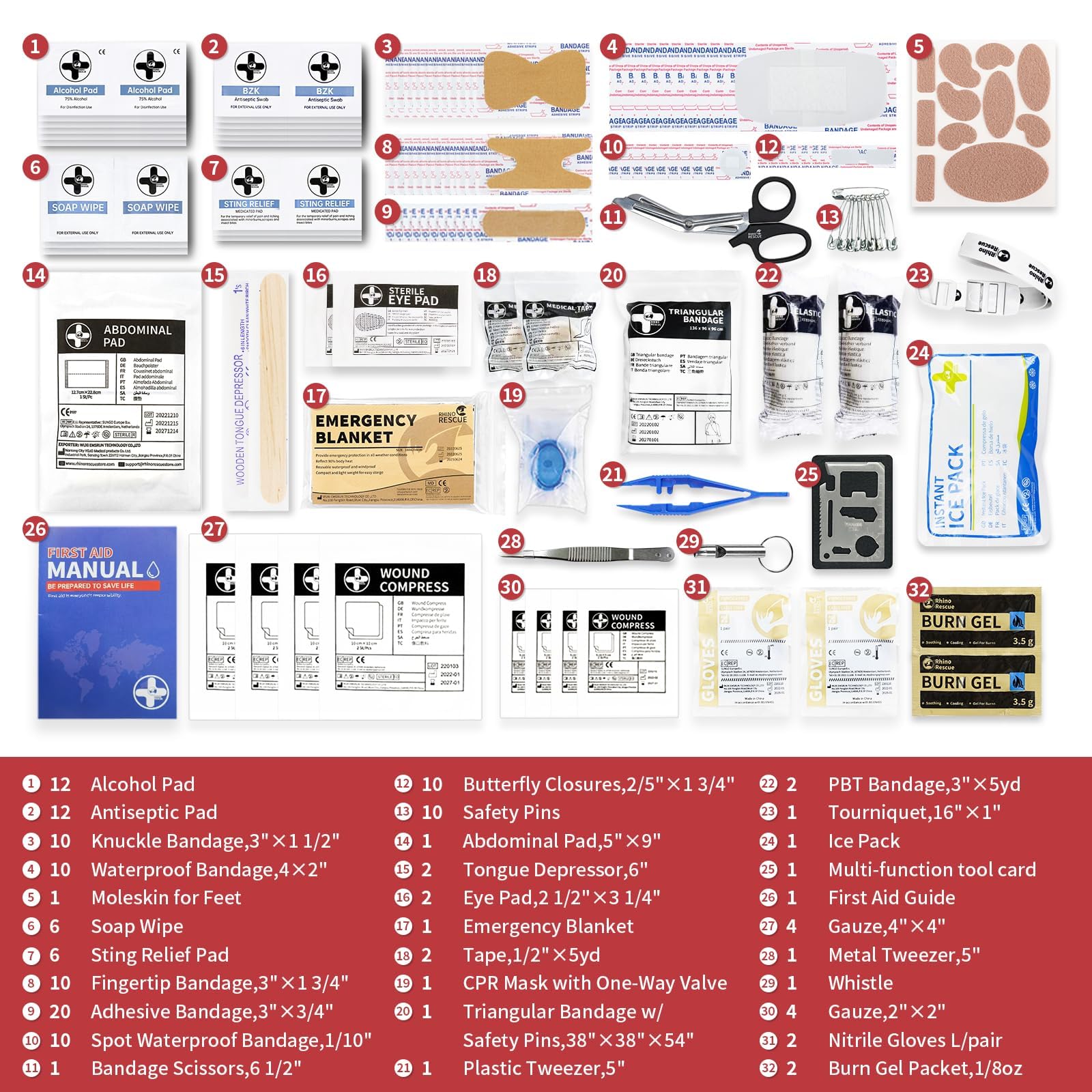RHINO RESCUE 149 PCS Medium First Aid Kit, Water-Resistant Hard Case, Emergency Medical Supplies Bag for Camping, Hiking, Car, Travel, Home & Office