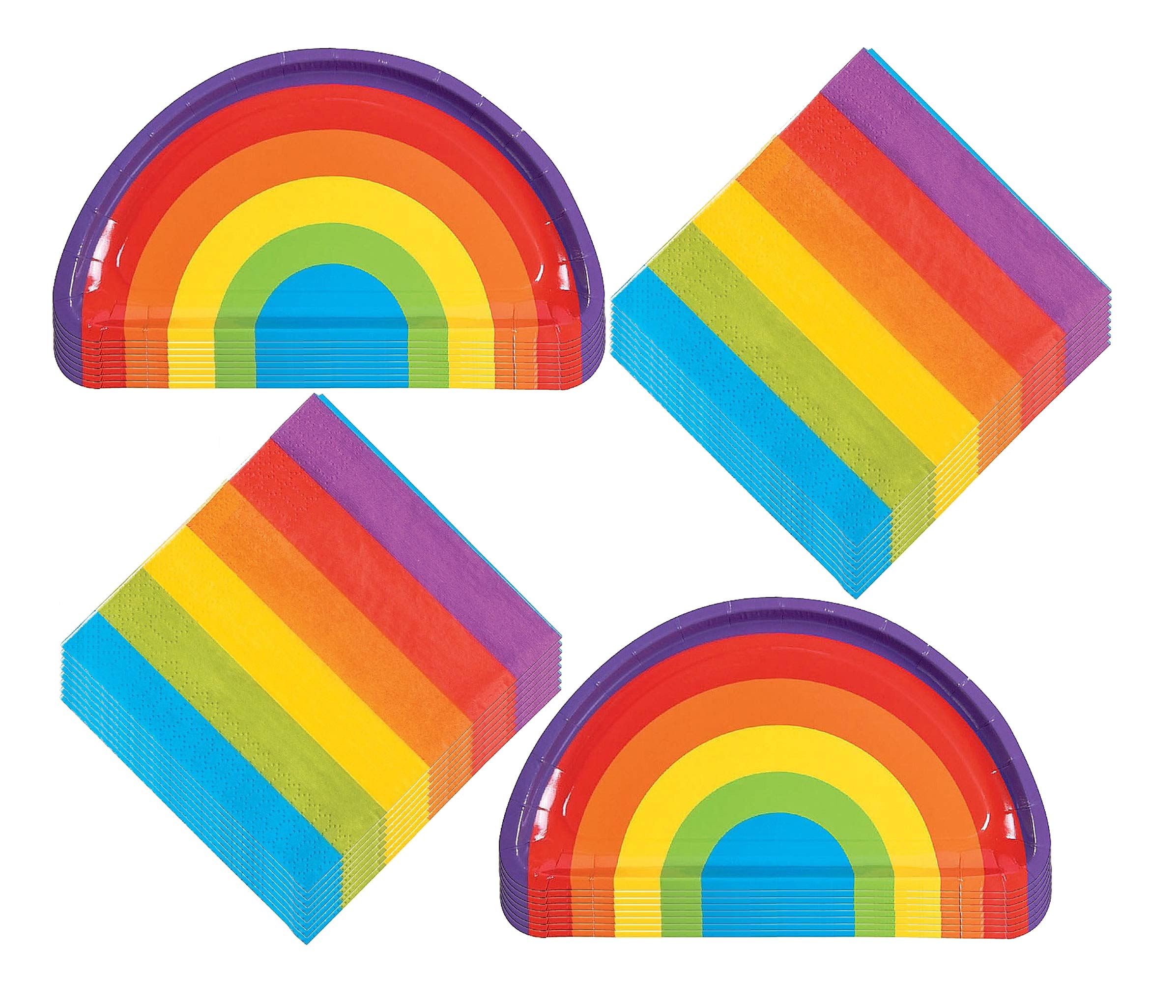 Live It Up! Party Supplies Bright Rainbow Shaped Paper Dessert Plates and Beverage Napkins (Serves 16)