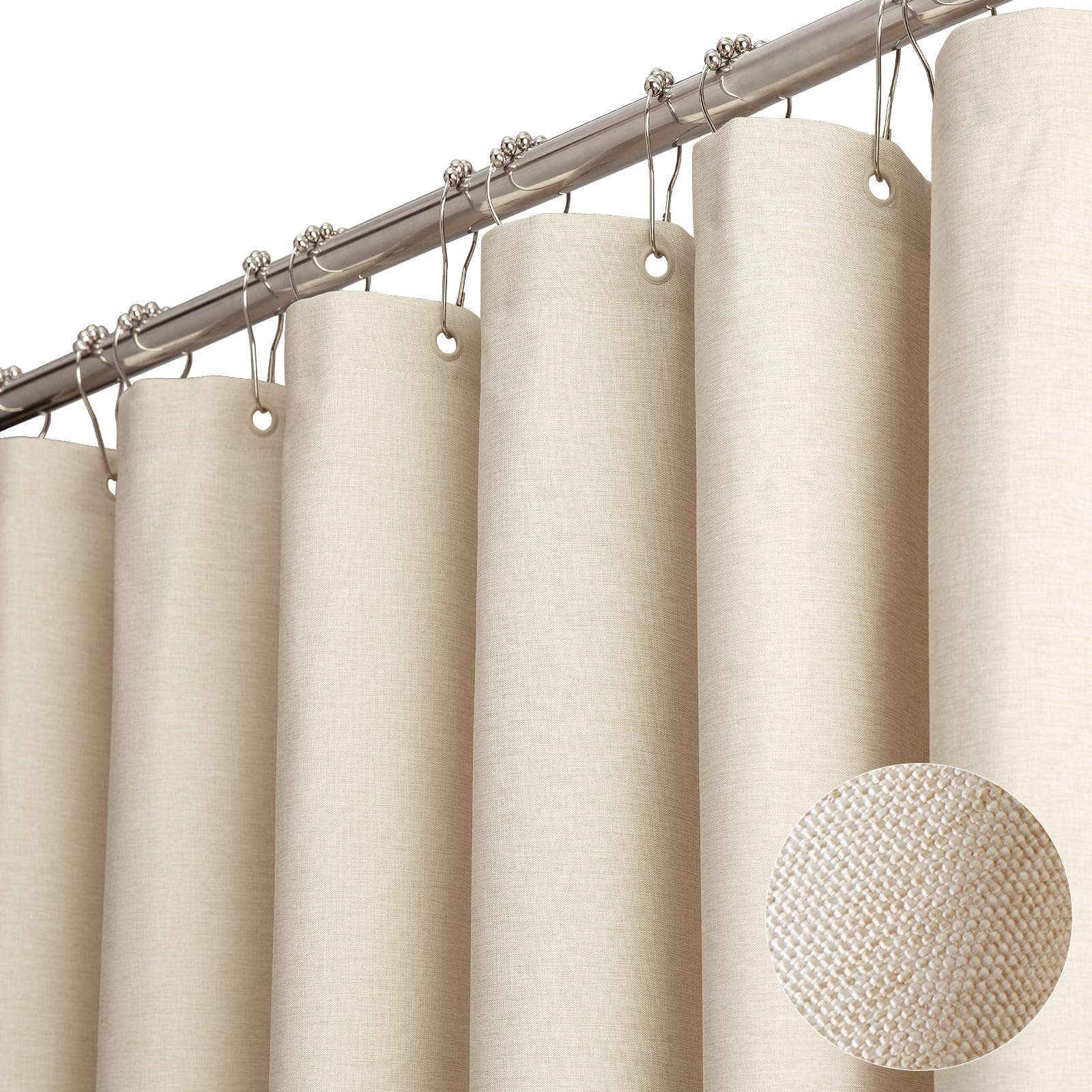 BTTN Long Fabric Shower Curtain - 72x80 Inch Linen Textured Heavy Duty Polyester Cloth Shower Curtain Set with 12 Plastic Hook, Hotel Luxury Waterproof Modern Shower Curtains for Bathroom, Beige/Cream