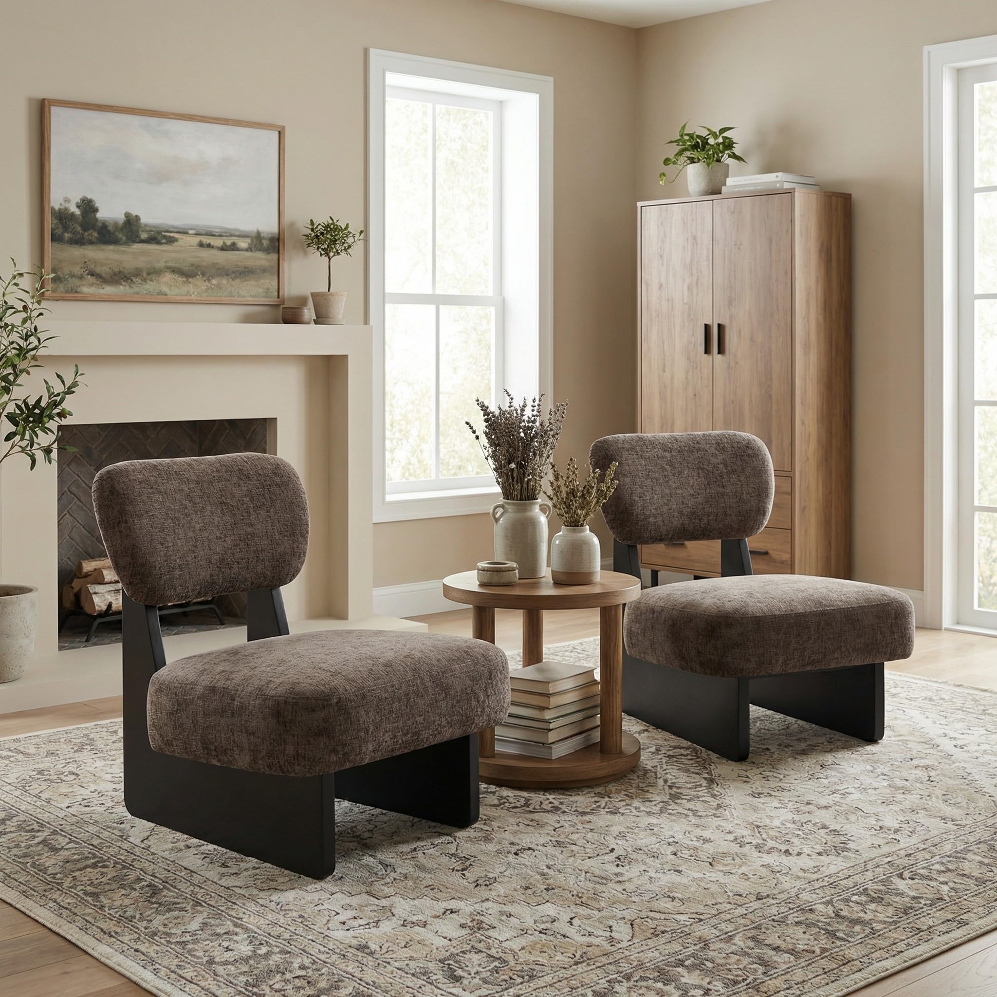Photo 1 of *** TAPE ADHESIVE ON CUSHION ****  Christopher Knight Home Mores Low Profile Accent Chair Set of 2, Modern Living Room Armless Lounge Chair, Fabric Comfy Reading Chair for Bedroom, Wooden Frame and Thick Padded Seat, Black+Dark Brown