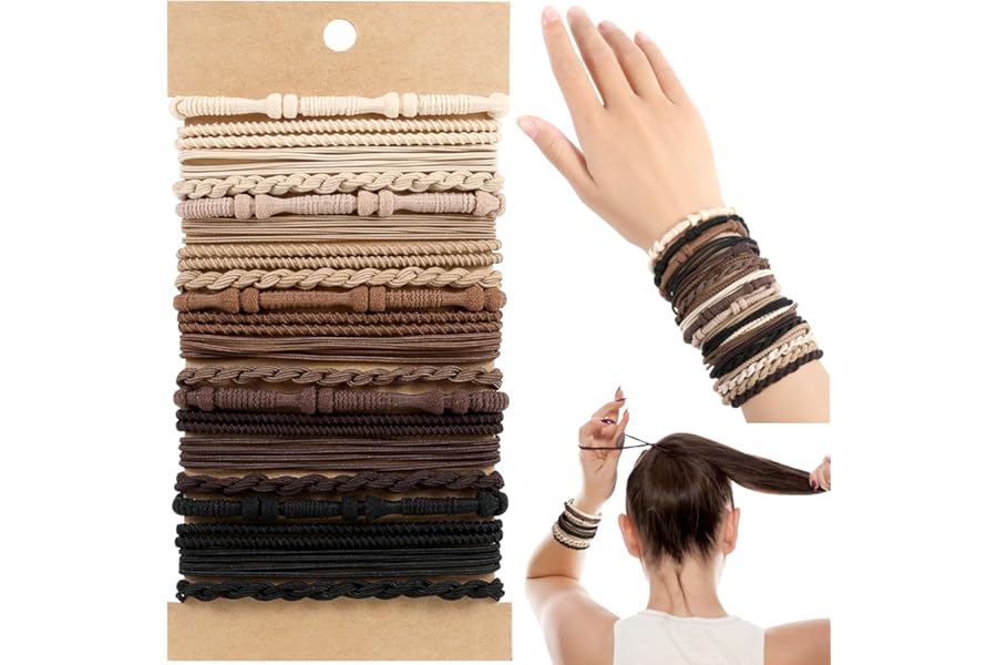 OHCISP Boho Hair Ties, 20 PCS of 4 Styles Cute Bands for Thick or Thin Hair, No Damage Elastic Bracelets, Brown Hair Accessories for Girls and Women
