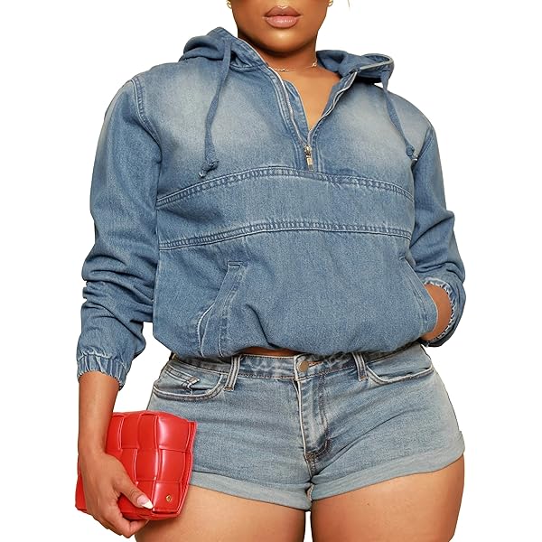TOPSRANI Womens Plus Size Half Zip Up Denim Hoodie Casual Jean