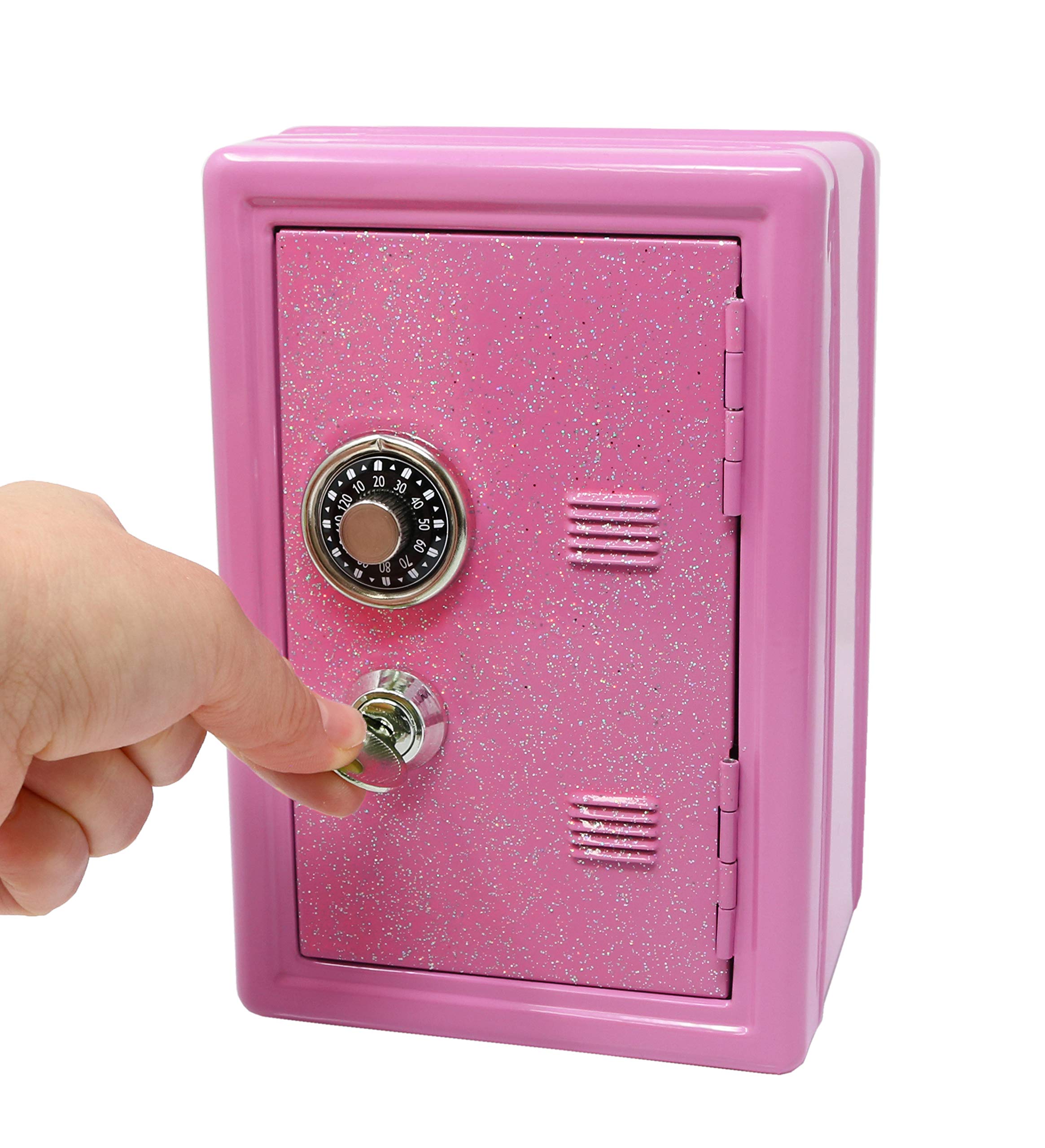 Kids Safe Bank, Made of Metal, with Key and Combination Lock, Pink