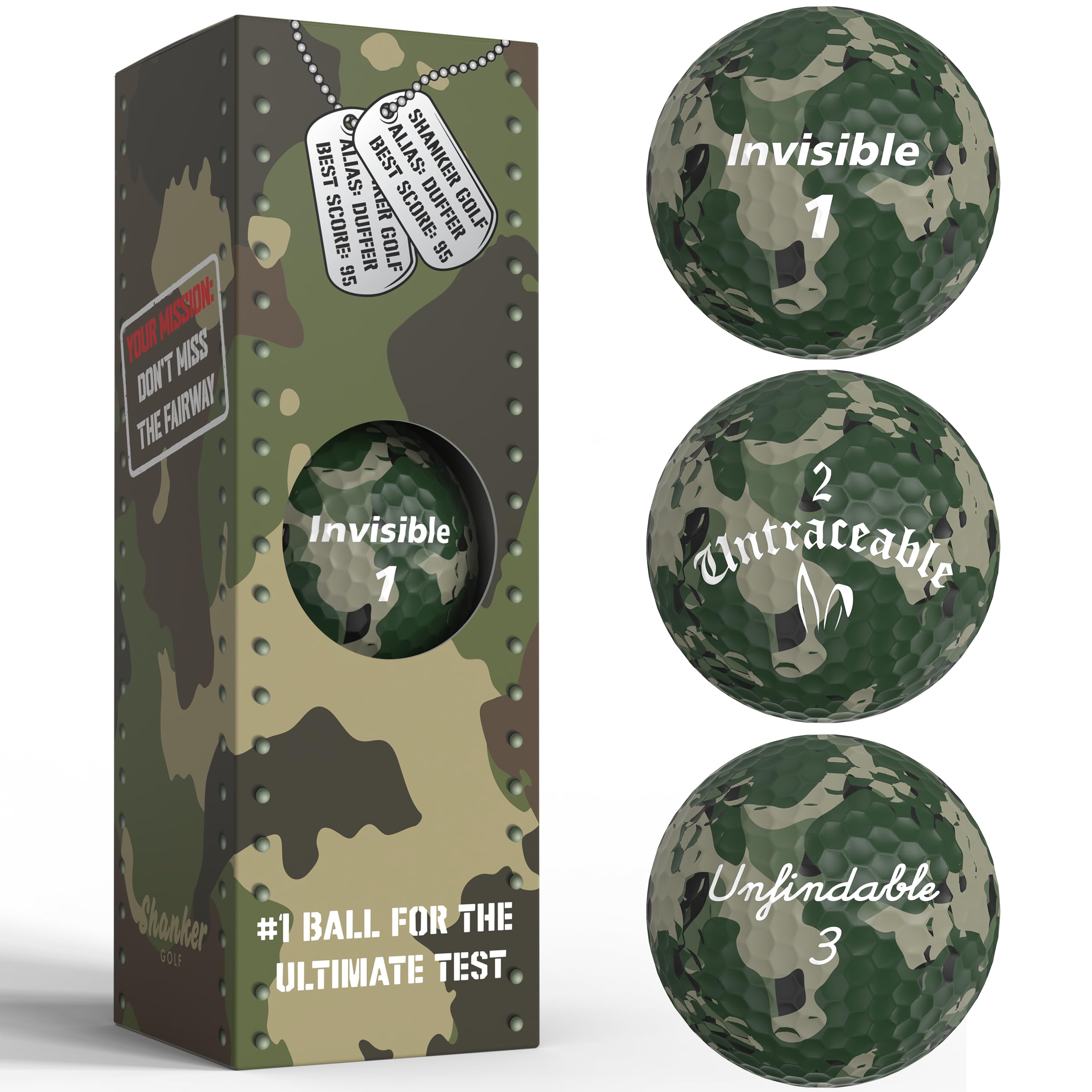 Shanker Camo Golf Balls – Funny Camouflage Prank Gift with Sayings (3-Pack) – The #1 Challenge in Golf – Novelty Gift for Golfers