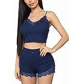 RSLOVE Pajamas Set Women's V-Neck Sleeveless Sleepwear PJ Set Soft Lace Cami Set with Short Pants Nightwear
