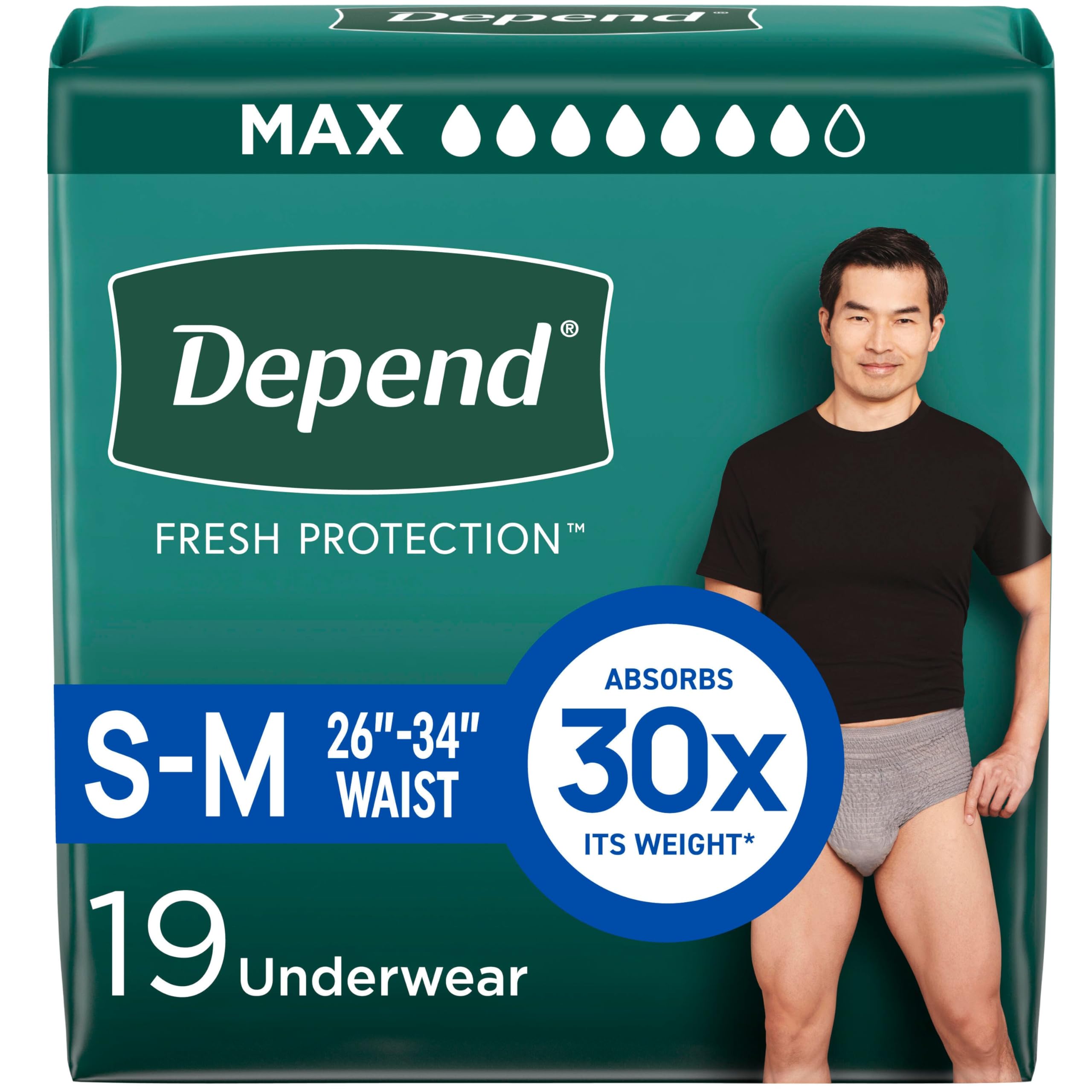 Photo 1 of Depend Fresh Protection Adult Diapers, Incontinence Underwear for Men, Disposable, Maximum, Small/Medium, Grey, 19 Count, Packaging May Vary