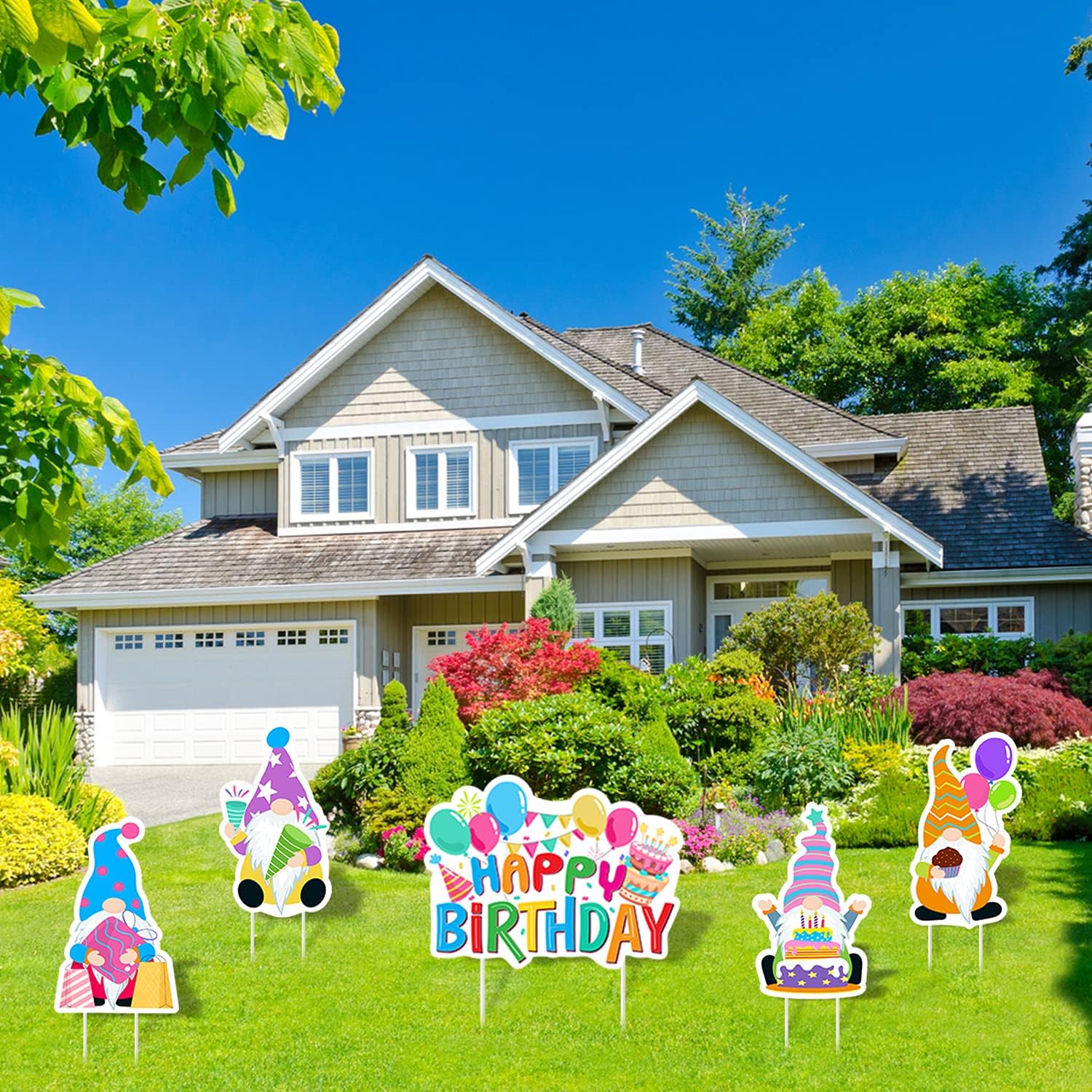 WATINC 5Pcs Happy Birthday Gnomes Yard Signs with Plastic Stakes Single Sided Printing Waterproof Birthday Cake Gnome Balloons Ribbons Gift Bday Party Decorations Supplies for Outdoor Lawn Garden : Garden & Outdoor