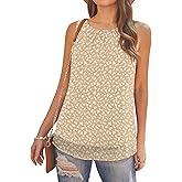 AWULIFFAN Tank Tops for Women Sleeveless Round Neck Tops Casual Pleated Double Layers Chiffon Blouse Shirts