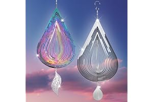 YUEGOOL 2 Pieces Wind Spinners,3D Water Drop Hanging Decorations Flowing-Light Metal Stainless Steel Decor for Yard Garden Balcony Indoor Outdoor(Silver)