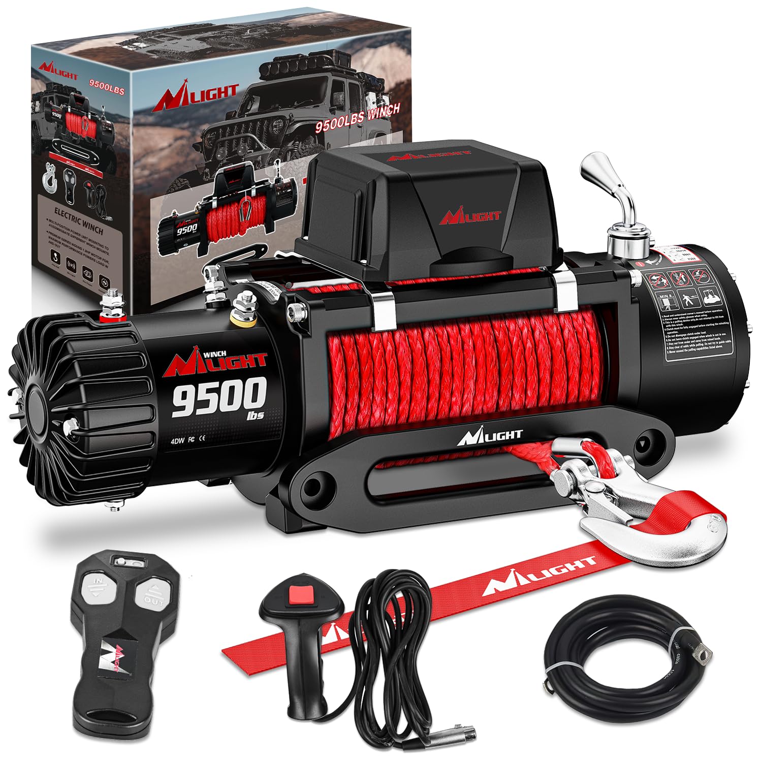 Photo 1 of ***MISSING ACCESSORIES***Nilight Electric Winch 12V Waterproof IP68 Towing Winches for Trailer Jeep ATV UTV Truck SUV 9500 LBS Portable Badlands Winch with Synthetic Rope Hawse Fairlead Wired Handle Wireless Remote Red Rope       