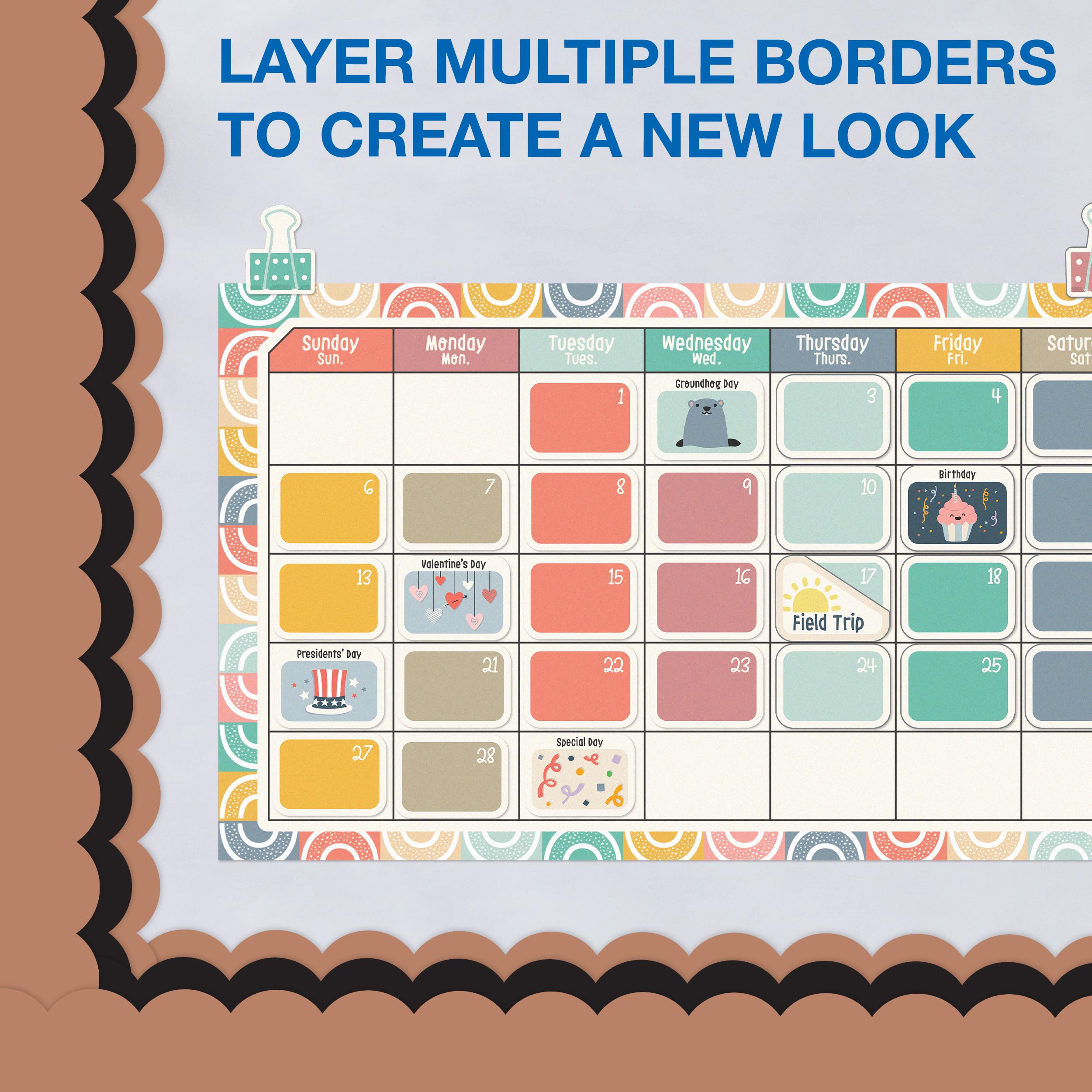 Carson Dellosa Education 65Ft of Black Bulletin Board Borders, 1 Roll of Scalloped Trim for Rolling Whiteboard, Cork and Posterboard, Party, Office Decorations, and Classroom Decor