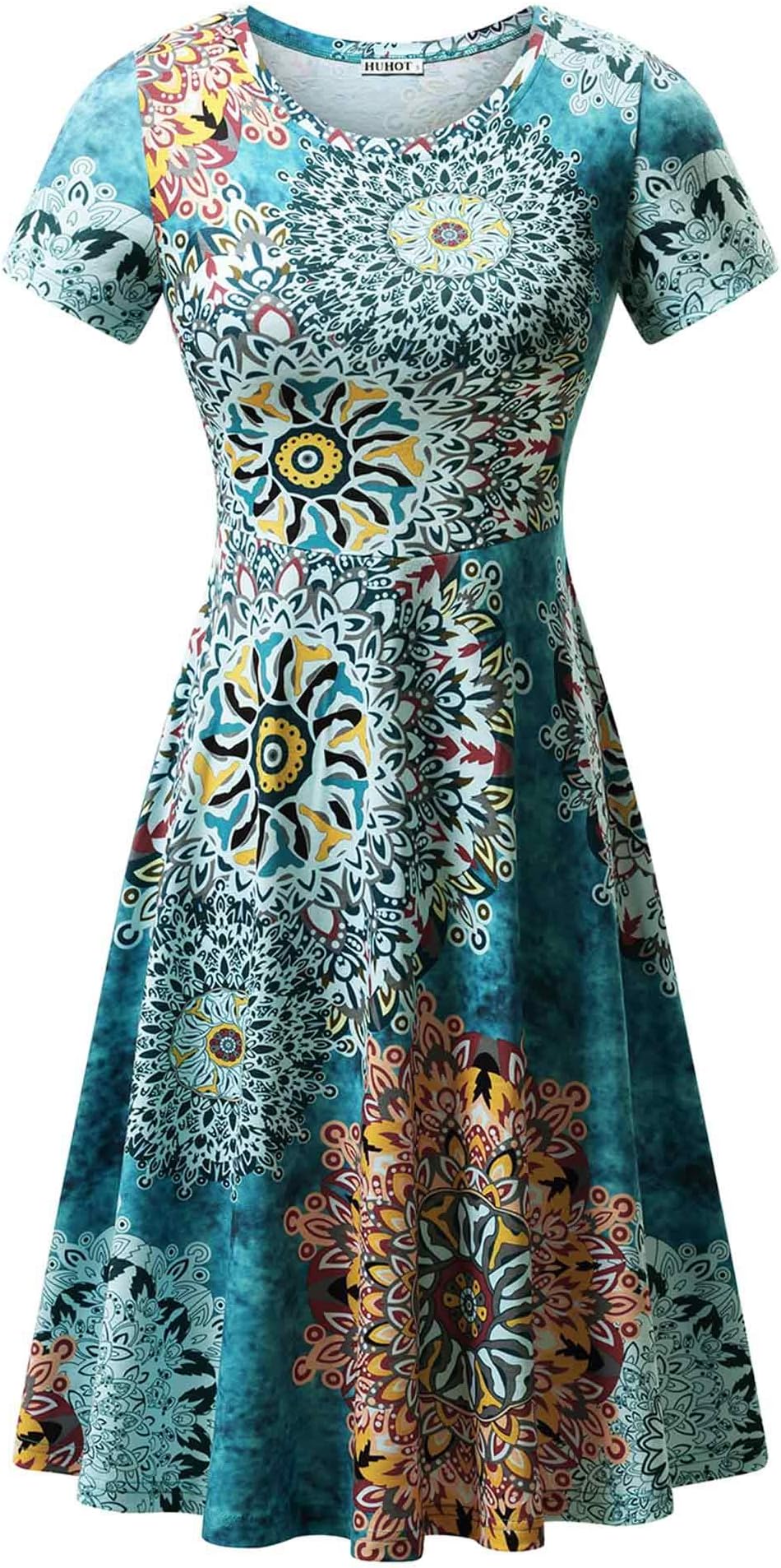 Sundresses for Women Casual Summer Short Sleeve Round Neck Floral Casual Skater Dress